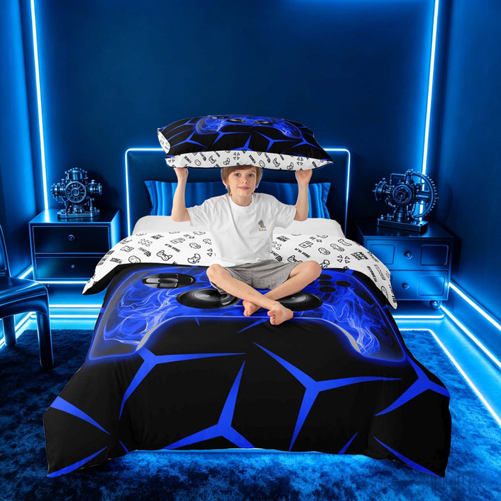 meiyoeat Neon Blue Flame Game Controller Duvet Cover Set for Kids Boys, Blue Geometric Gaming Bedding Full, Gamepad Reversible 3-Piece, 1 Duvet Cover and 2 Pillowcases