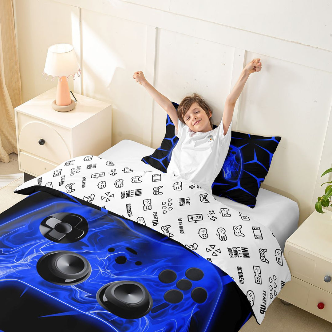 meiyoeat Neon Blue Flame Game Controller Duvet Cover Set for Kids Boys, Blue Geometric Gaming Bedding Full, Gamepad Reversible 3-Piece, 1 Duvet Cover and 2 Pillowcases
