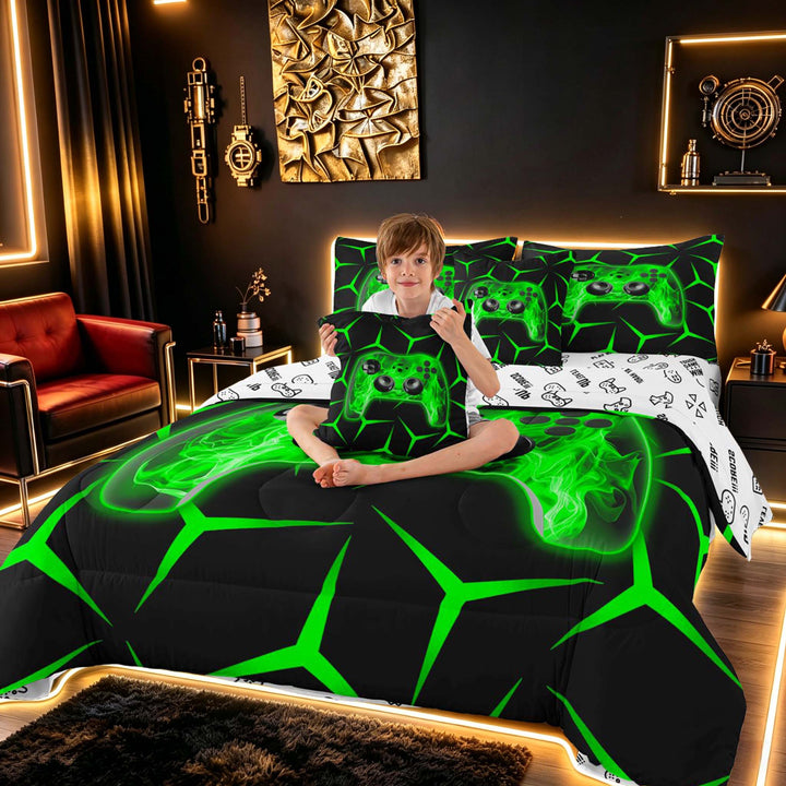 meiyoeat Neon Green Flame Game Controller Bedding Comforter Set for Kids Boys, Green Geometric Gaming Full Bedding Set, Gamepad Reversible 7 Pieces