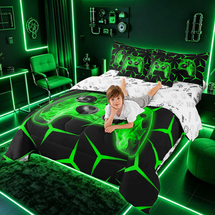 meiyoeat Neon Green Flame Game Controller Bedding Comforter Set for Kids Boys, Green Geometric Gaming Full Bedding Set, Gamepad Reversible 7 Pieces