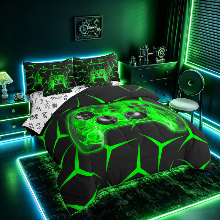 meiyoeat Neon Green Flame Game Controller Bedding Comforter Set for Kids Boys, Green Geometric Gaming Full Bedding Set, Gamepad Reversible 7 Pieces