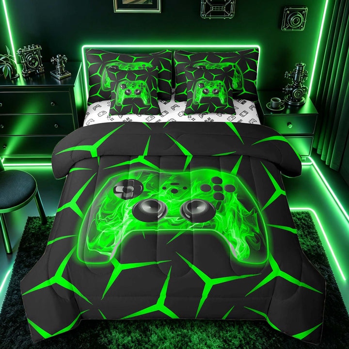 meiyoeat Neon Green Flame Game Controller Bedding Comforter Set for Kids Boys, Green Geometric Gaming Full Bedding Set, Gamepad Reversible 7 Pieces