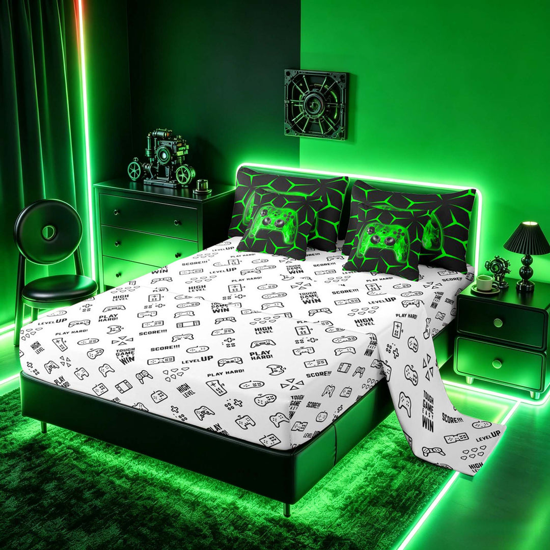 meiyoeat Neon Green Flame Game Controller Bedding Comforter Set for Kids Boys, Green Geometric Gaming Full Bedding Set, Gamepad Reversible 7 Pieces