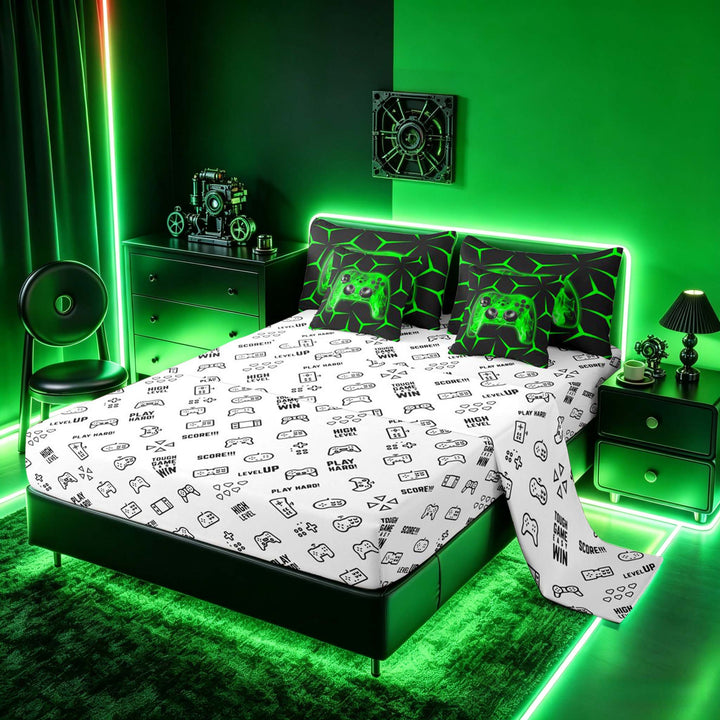 meiyoeat Neon Green Flame Game Controller Bedding Comforter Set for Kids Boys, Green Geometric Gaming Full Bedding Set, Gamepad Reversible 7 Pieces