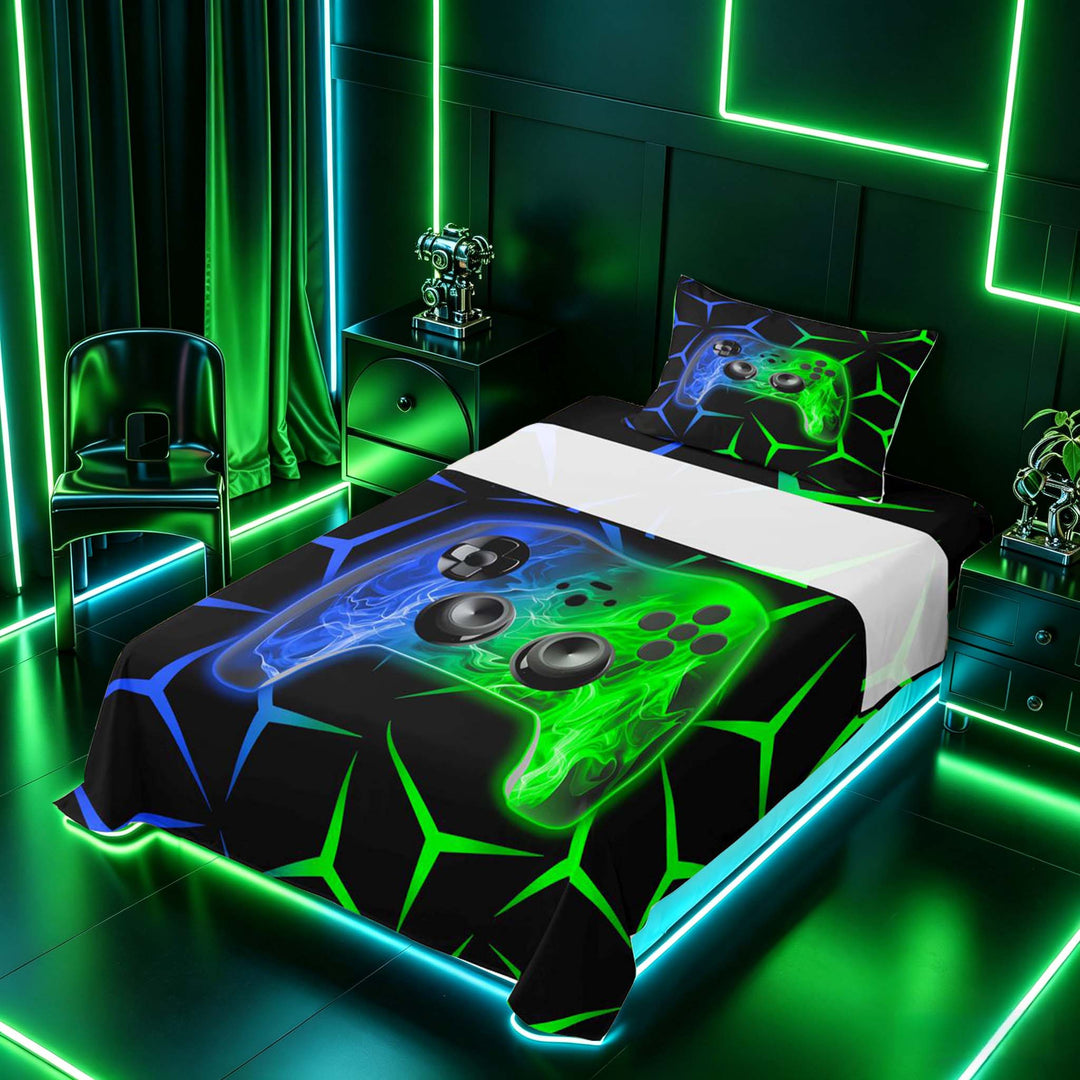 meiyoeat Neon Blue-Green Flame Game Controller Twin Sheet Sets for Kids Boys, Dual-Tone Geometric Gaming Bedding, 3pcs, 1 Flat Sheet, 1 Fitted Sheet and 1 Pillowcase