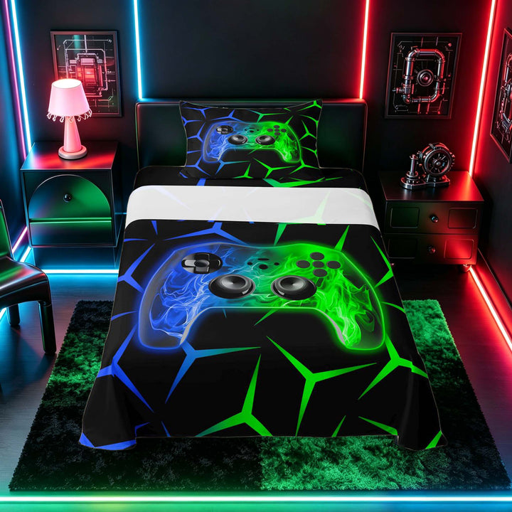 meiyoeat Neon Blue-Green Flame Game Controller Twin Sheet Sets for Kids Boys, Dual-Tone Geometric Gaming Bedding, 3pcs, 1 Flat Sheet, 1 Fitted Sheet and 1 Pillowcase