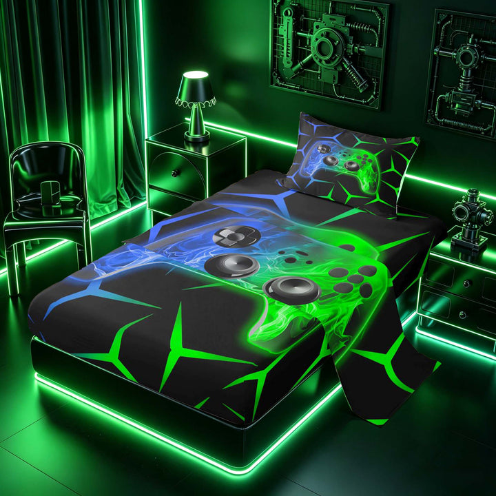 meiyoeat Neon Blue-Green Flame Game Controller Twin Sheet Sets for Kids Boys, Dual-Tone Geometric Gaming Bedding, 3pcs, 1 Flat Sheet, 1 Fitted Sheet and 1 Pillowcase