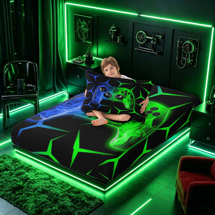 meiyoeat Neon Blue-Green Flame Game Controller Twin Sheet Sets for Kids Boys, Dual-Tone Geometric Gaming Bedding, 3pcs, 1 Flat Sheet, 1 Fitted Sheet and 1 Pillowcase