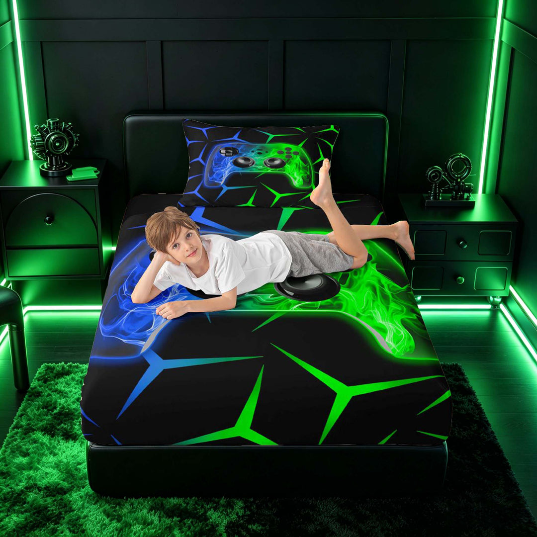meiyoeat Neon Blue-Green Flame Game Controller Twin Sheet Sets for Kids Boys, Dual-Tone Geometric Gaming Bedding, 3pcs, 1 Flat Sheet, 1 Fitted Sheet and 1 Pillowcase
