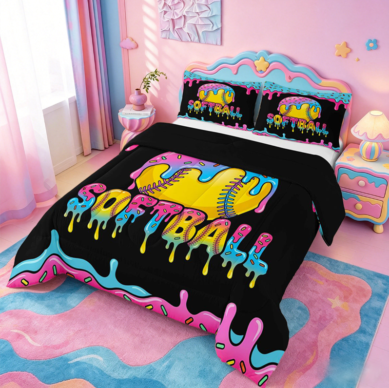 meiyoeat Softball Sport Games Full Size Comforter Sets For Boys Kids,Watercolor Baseball Ice Cream Bedding Sets For Girls,black Reversible,3-Piece