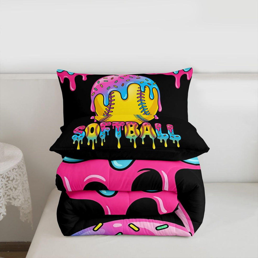 meiyoeat Softball Sport Games Full Size Comforter Sets For Boys Kids,Watercolor Baseball Ice Cream Bedding Sets For Girls,black Reversible,3-Piece