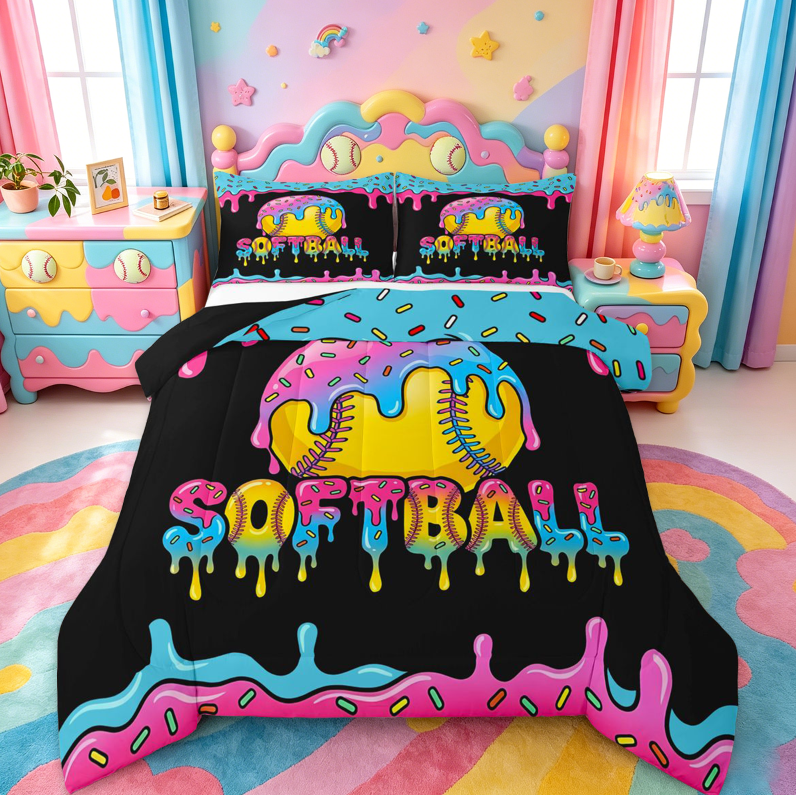 meiyoeat Softball Sport Games Full Size Comforter Sets For Boys Kids,Watercolor Baseball Ice Cream Bedding Sets For Girls,black Reversible,3-Piece