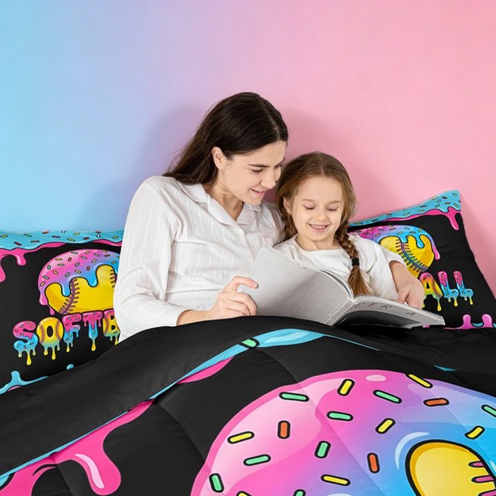 meiyoeat Softball Sport Games Full Size Comforter Sets For Boys Kids,Watercolor Baseball Ice Cream Bedding Sets For Girls,black Reversible,3-Piece