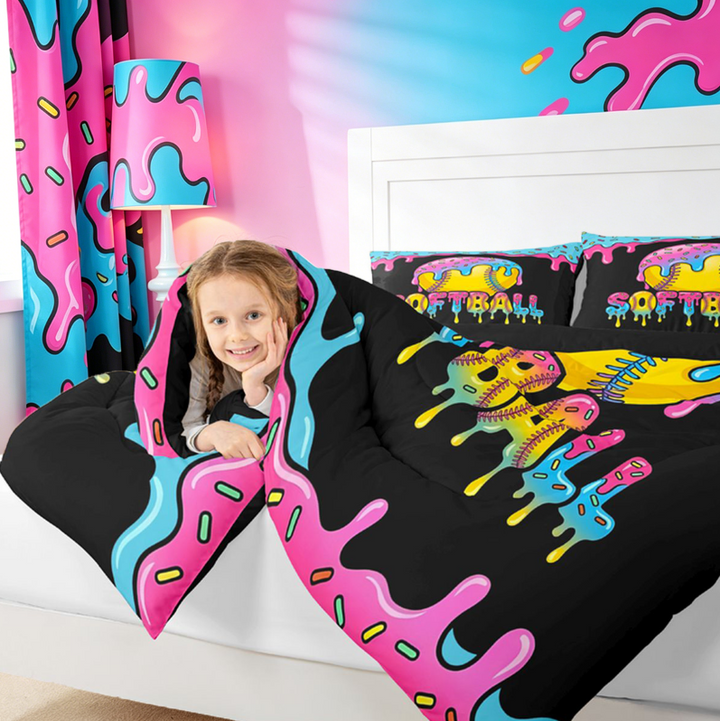 meiyoeat Softball Sport Games Full Size Comforter Sets For Boys Kids,Watercolor Baseball Ice Cream Bedding Sets For Girls,black Reversible,3-Piece