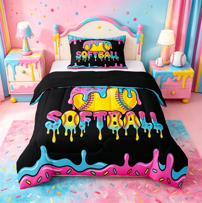 meiyoeat Softball Sport Games Full Size Comforter Sets For Boys Kids,Watercolor Baseball Ice Cream Bedding Sets For Girls,black Reversible,3-Piece