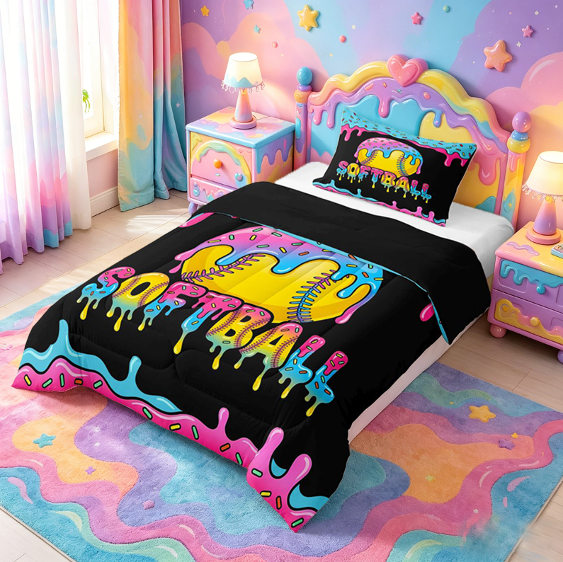 meiyoeat Softball Sport Games Full Size Comforter Sets For Boys Kids,Watercolor Baseball Ice Cream Bedding Sets For Girls,black Reversible,3-Piece