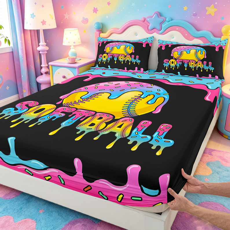meiyoeat Softball Sport Games Full Size Sheets For Boys Kids,Watercolor Baseball Ice Cream Bed Sheets For Girls,4-Piece
