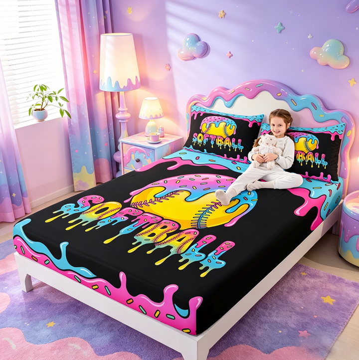 meiyoeat Softball Sport Games Full Size Sheets For Boys Kids,Watercolor Baseball Ice Cream Bed Sheets For Girls,4-Piece