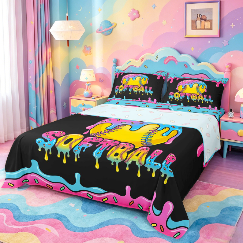 meiyoeat Softball Sport Games Full Size Sheets For Boys Kids,Watercolor Baseball Ice Cream Bed Sheets For Girls,4-Piece