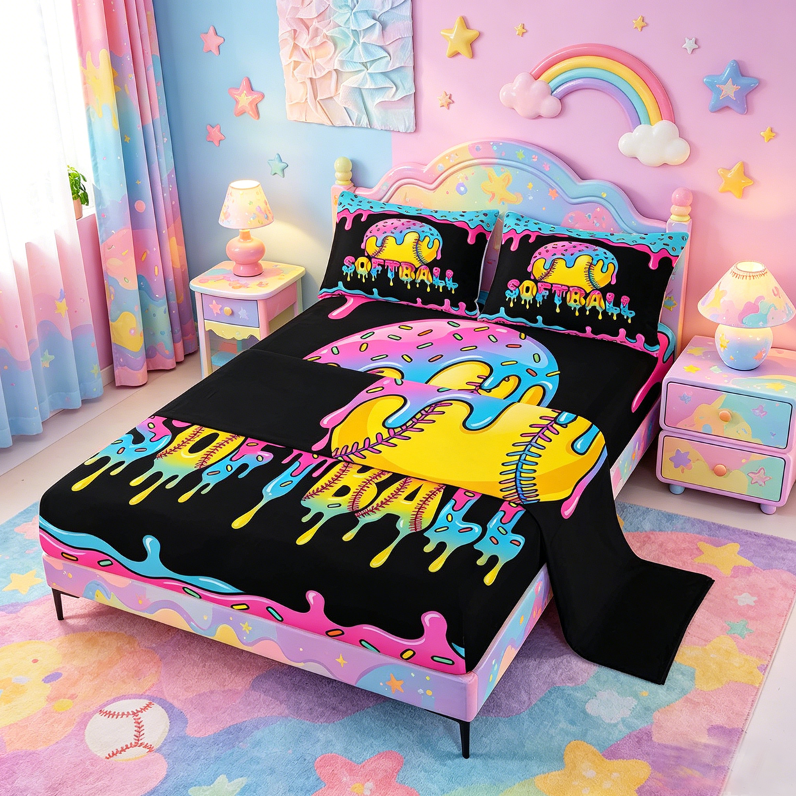 meiyoeat Softball Sport Games Full Size Sheets For Boys Kids,Watercolor Baseball Ice Cream Bed Sheets For Girls,4-Piece