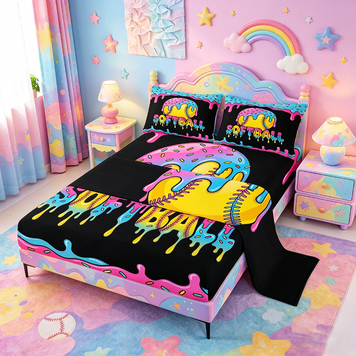 meiyoeat Softball Sport Games Full Size Sheets For Boys Kids,Watercolor Baseball Ice Cream Bed Sheets For Girls,4-Piece