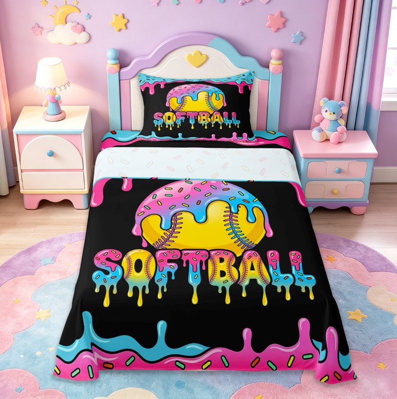meiyoeat Softball Sport Games Full Size Sheets For Boys Kids,Watercolor Baseball Ice Cream Bed Sheets For Girls,4-Piece