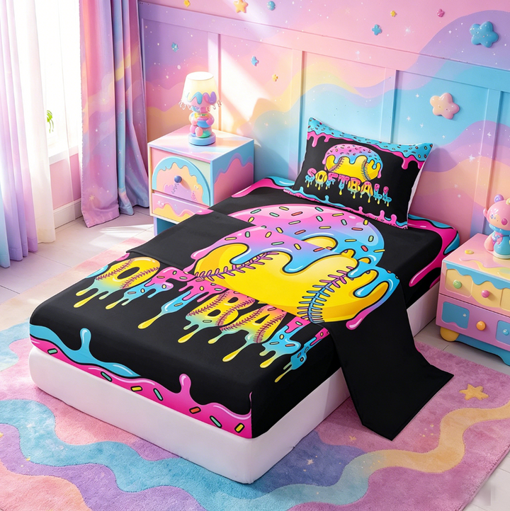 meiyoeat Softball Sport Games Full Size Sheets For Boys Kids,Watercolor Baseball Ice Cream Bed Sheets For Girls,4-Piece