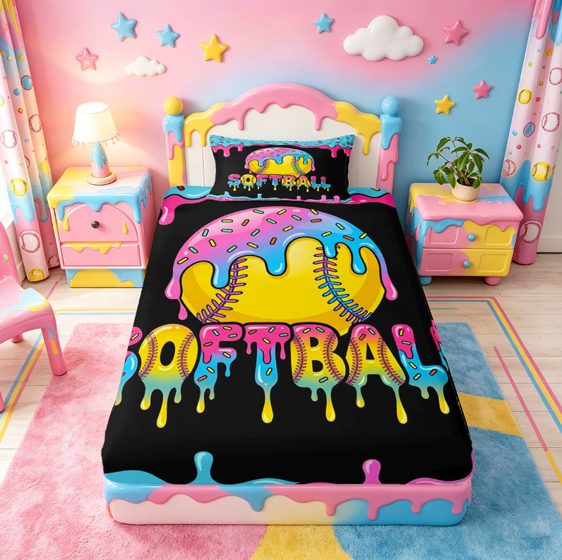 meiyoeat Softball Sport Games Full Size Sheets For Boys Kids,Watercolor Baseball Ice Cream Bed Sheets For Girls,4-Piece