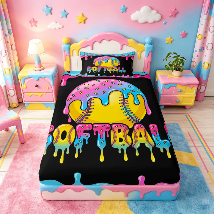 meiyoeat Softball Sport Games Full Size Sheets For Boys Kids,Watercolor Baseball Ice Cream Bed Sheets For Girls,4-Piece