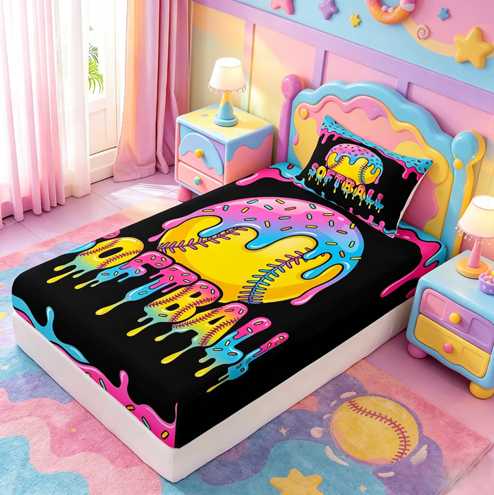 meiyoeat Softball Sport Games Full Size Sheets For Boys Kids,Watercolor Baseball Ice Cream Bed Sheets For Girls,4-Piece