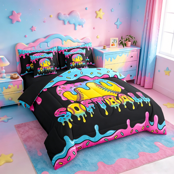 meiyoeat Softball Sport Games 7 Pieces Bedding Comforter Set For Boys Kids,Watercolor Baseball Ice Cream Full Bedding Set For Girls,black Reversible