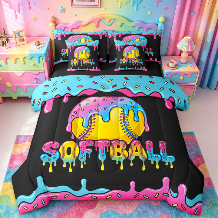 meiyoeat Softball Sport Games 7 Pieces Bedding Comforter Set For Boys Kids,Watercolor Baseball Ice Cream Full Bedding Set For Girls,black Reversible
