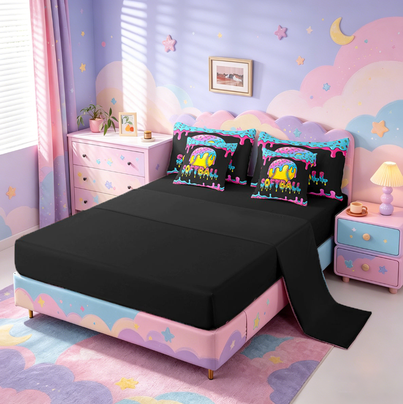 meiyoeat Softball Sport Games 7 Pieces Bedding Comforter Set For Boys Kids,Watercolor Baseball Ice Cream Full Bedding Set For Girls,black Reversible
