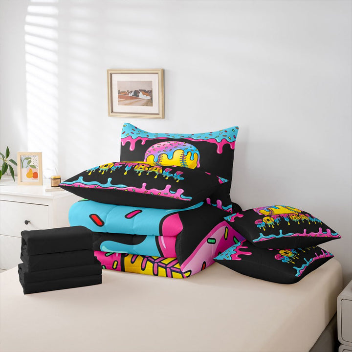 meiyoeat Softball Sport Games 7 Pieces Bedding Comforter Set For Boys Kids,Watercolor Baseball Ice Cream Full Bedding Set For Girls,black Reversible