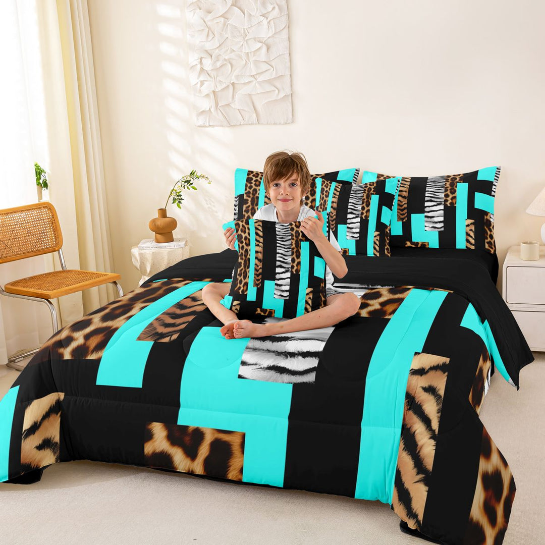 Leopard Twin Comforter Set with Sheets 7Pcs Leopard Fur Print 7 Pieces Bedding Set Cheetah Bed in a Bag Animal Print Room Teal Black Brown Lightweight All Season