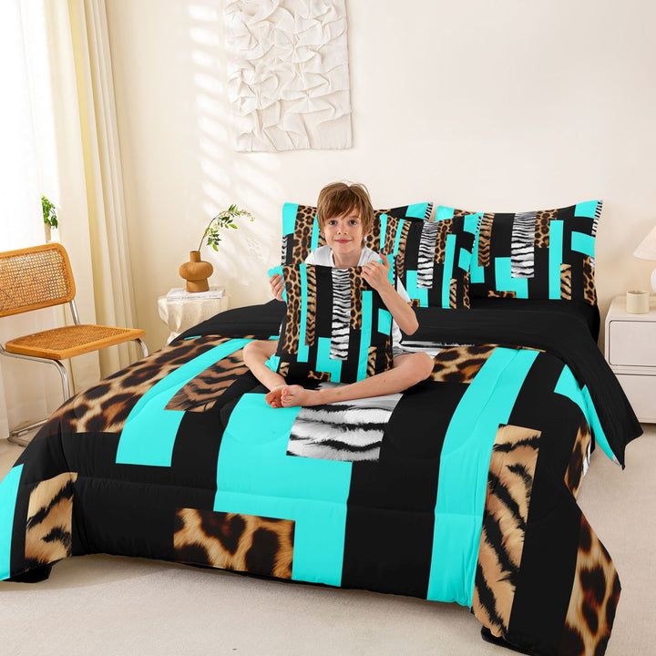 Leopard Twin Comforter Set with Sheets 7Pcs Leopard Fur Print 7 Pieces Bedding Set Cheetah Bed in a Bag Animal Print Room Teal Black Brown Lightweight All Season