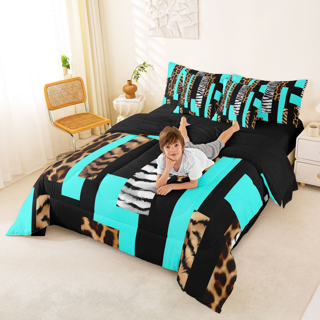Leopard Twin Comforter Set with Sheets 7Pcs Leopard Fur Print 7 Pieces Bedding Set Cheetah Bed in a Bag Animal Print Room Teal Black Brown Lightweight All Season
