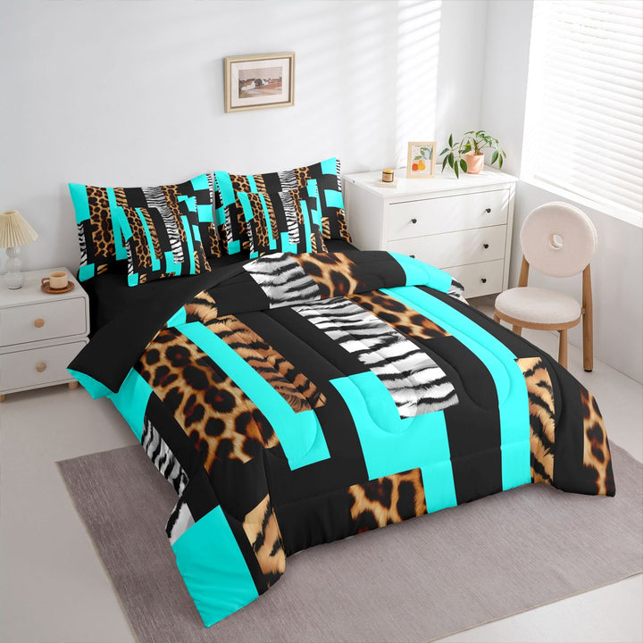 Leopard Twin Comforter Set with Sheets 7Pcs Leopard Fur Print 7 Pieces Bedding Set Cheetah Bed in a Bag Animal Print Room Teal Black Brown Lightweight All Season