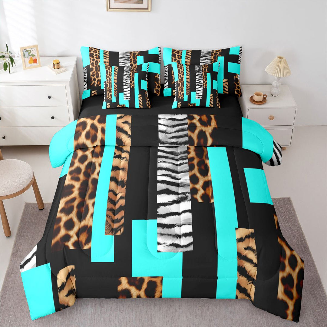 Leopard Twin Comforter Set with Sheets 7Pcs Leopard Fur Print 7 Pieces Bedding Set Cheetah Bed in a Bag Animal Print Room Teal Black Brown Lightweight All Season