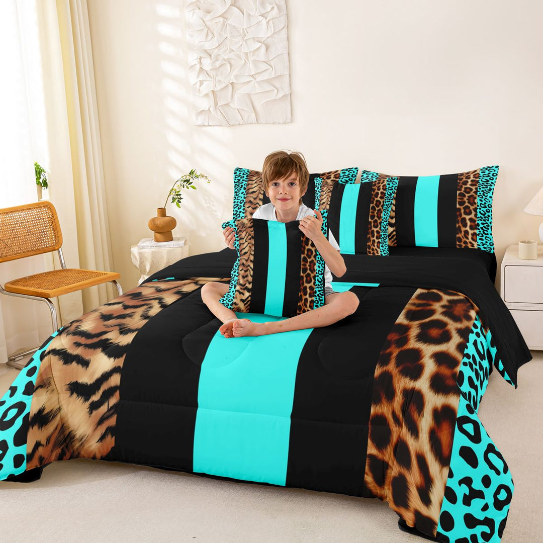 Leopard Comforter Set With Sheets 7 Piece Twin Size Leopard Fur Print Bed in a Bag Cheetah Bedding Set All Season Teal Black Brown Bedroom Breathable Soft Cozy Lightweight