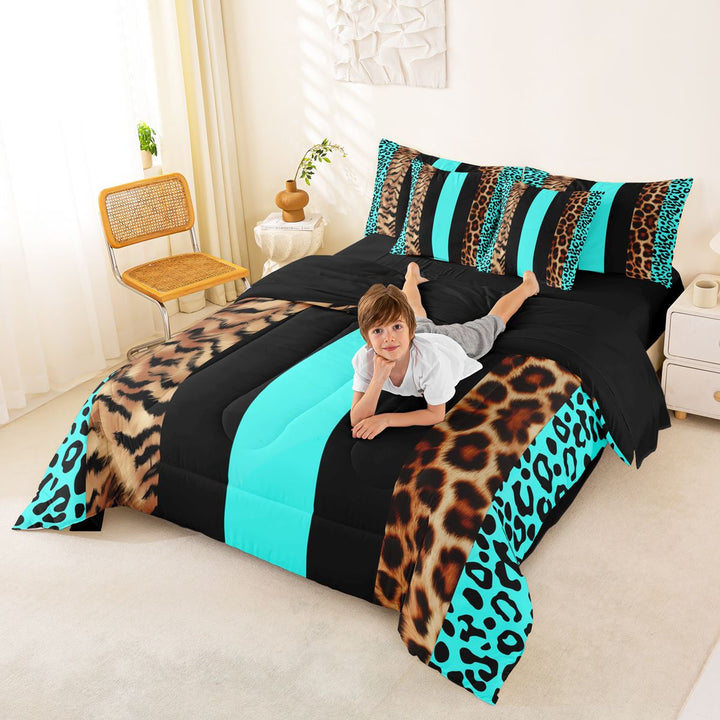 Leopard Comforter Set With Sheets 7 Piece Twin Size Leopard Fur Print Bed in a Bag Cheetah Bedding Set All Season Teal Black Brown Bedroom Breathable Soft Cozy Lightweight