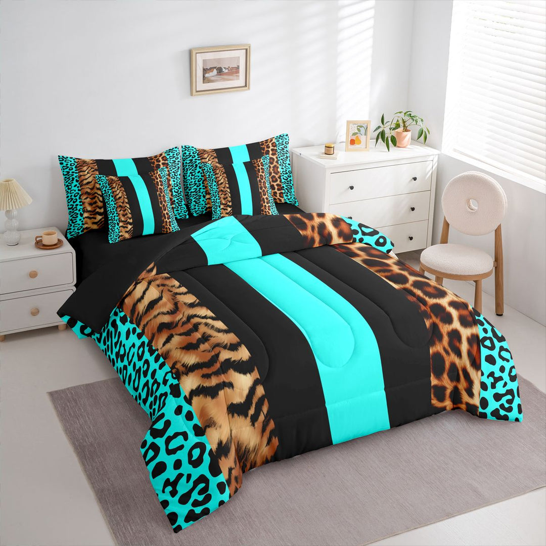 Leopard Comforter Set With Sheets 7 Piece Twin Size Leopard Fur Print Bed in a Bag Cheetah Bedding Set All Season Teal Black Brown Bedroom Breathable Soft Cozy Lightweight