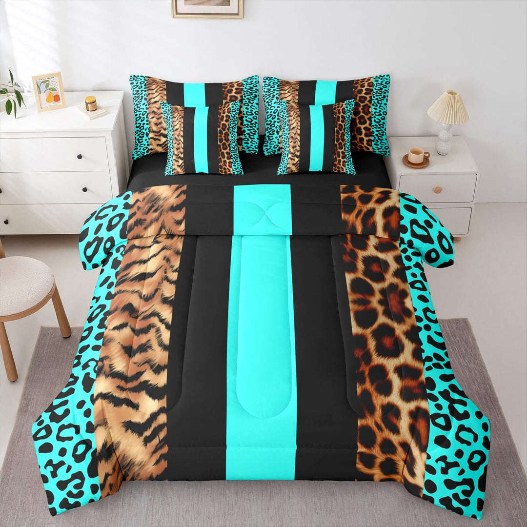 Leopard Comforter Set With Sheets 7 Piece Twin Size Leopard Fur Print Bed in a Bag Cheetah Bedding Set All Season Teal Black Brown Bedroom Breathable Soft Cozy Lightweight
