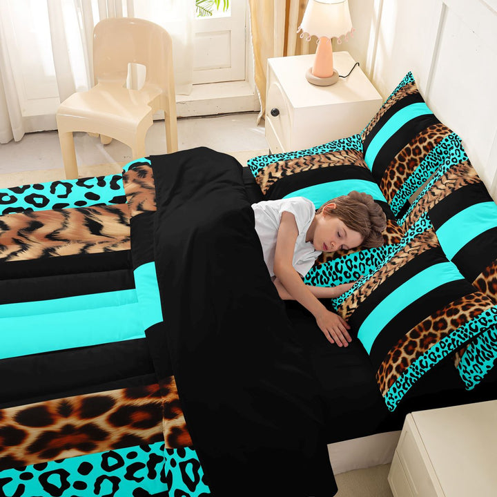 Leopard Comforter Set With Sheets 7 Piece Twin Size Leopard Fur Print Bed in a Bag Cheetah Bedding Set All Season Teal Black Brown Bedroom Breathable Soft Cozy Lightweight