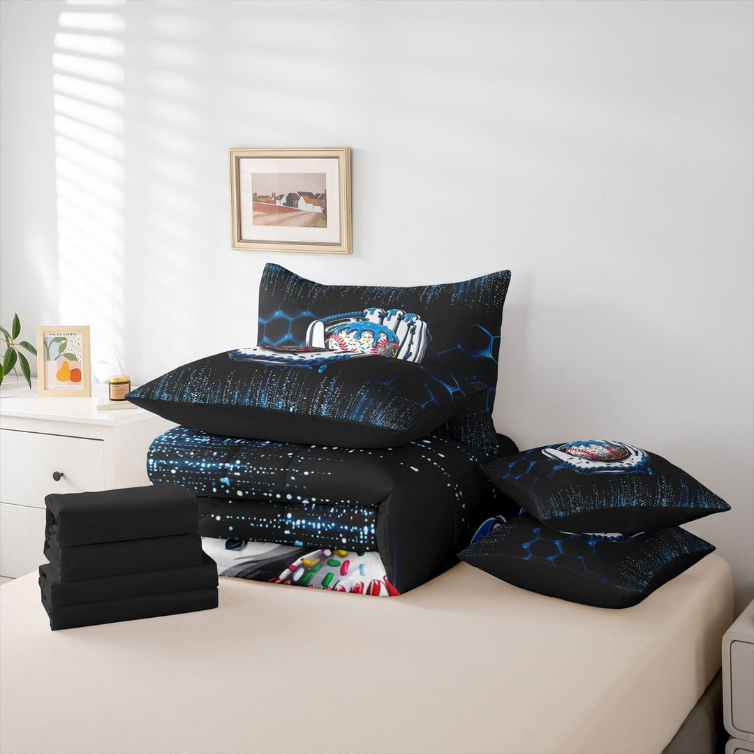 meiyoeat Boys Baseball Sport Games 7 Pieces Full Size Bedding Sets,Modern Geometric Honeycomb Pattern Full Size Bed in a Bag For Kids,Black Reversible