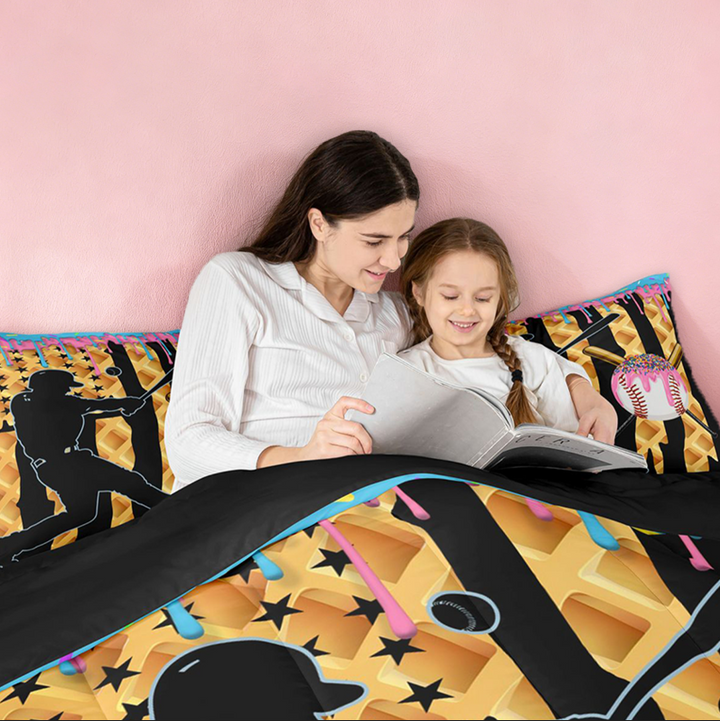 meiyoeat Girls Baseball Games 7 Pieces Full Size Bedding Sets For Ball Gamer,Colorful Ice Cream Drip Full Size Bed in a Bag For Kids,Black Reversible
