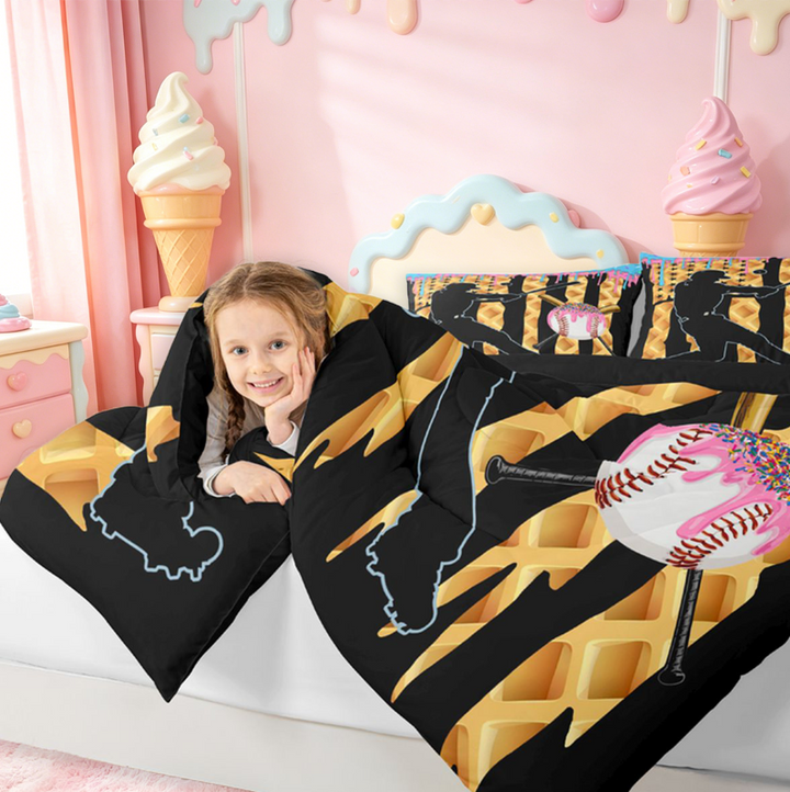 meiyoeat Girls Baseball Games 7 Pieces Full Size Bedding Sets For Ball Gamer,Colorful Ice Cream Drip Full Size Bed in a Bag For Kids,Black Reversible