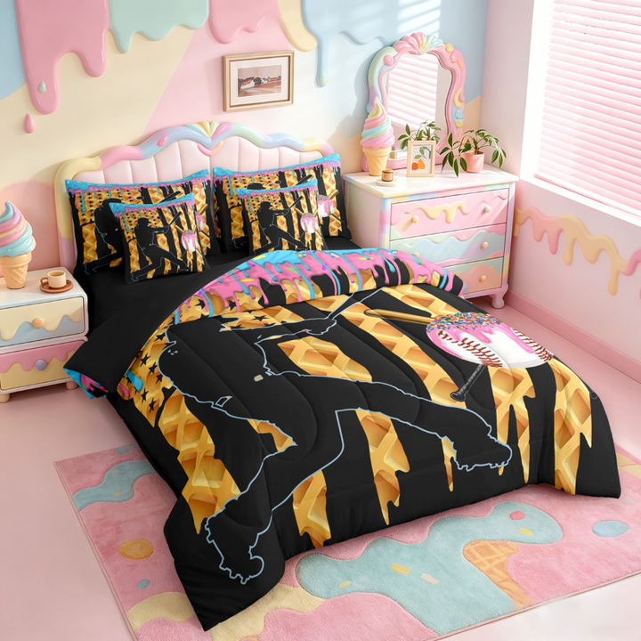 meiyoeat Girls Baseball Games 7 Pieces Full Size Bedding Sets For Ball Gamer,Colorful Ice Cream Drip Full Size Bed in a Bag For Kids,Black Reversible