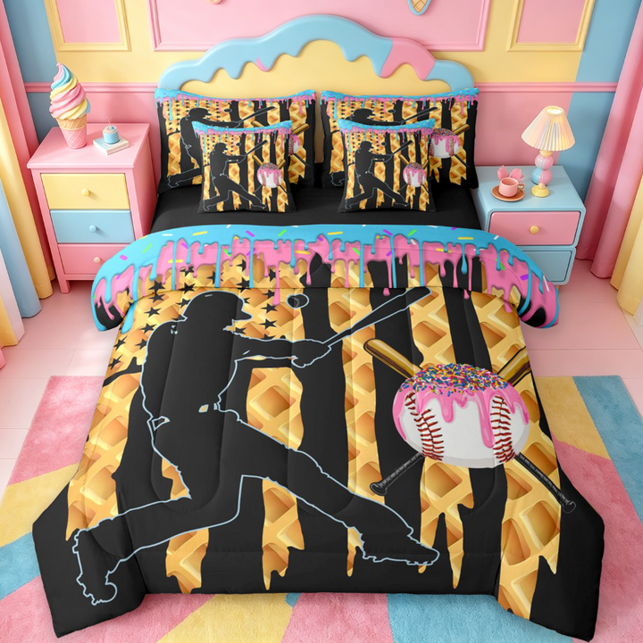 meiyoeat Girls Baseball Games 7 Pieces Full Size Bedding Sets For Ball Gamer,Colorful Ice Cream Drip Full Size Bed in a Bag For Kids,Black Reversible