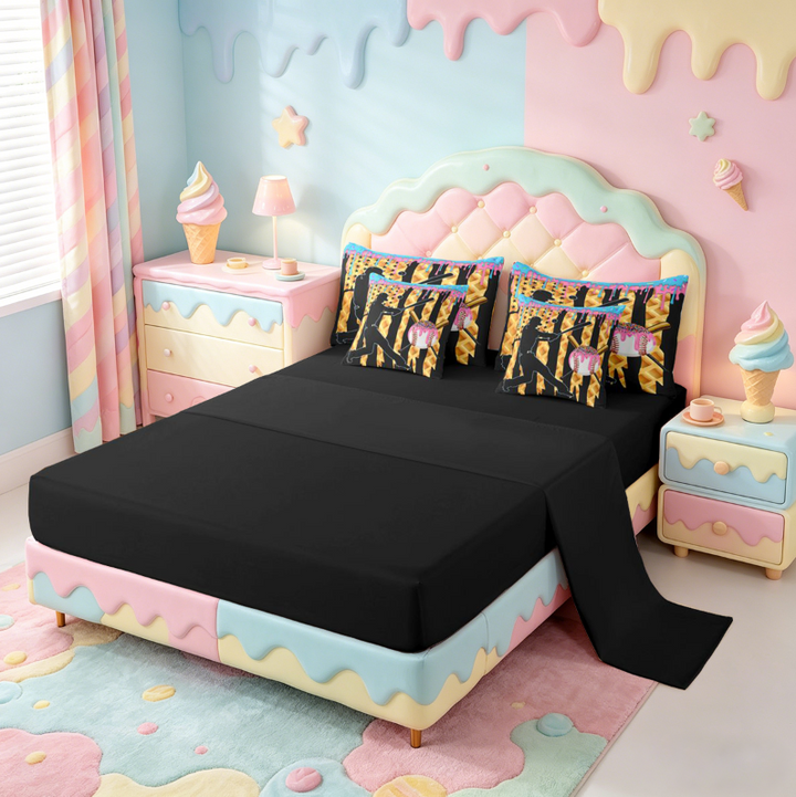 meiyoeat Girls Baseball Games 7 Pieces Full Size Bedding Sets For Ball Gamer,Colorful Ice Cream Drip Full Size Bed in a Bag For Kids,Black Reversible